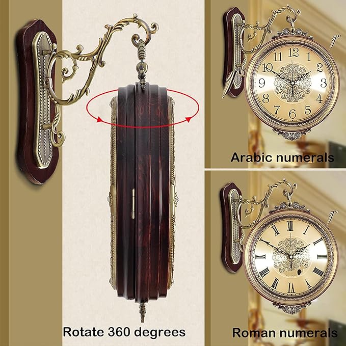 Large Wall Clock Double Sided, European Style Double Sided Alloy Wall Clock 360° Rotating Metal Wall Watch Non Ticking Silent Clock for Indoor Outdoor Office Living Room Porch Clock Wall Decor