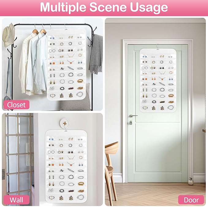 Hanging Jewelry Organizer for Closet with Swiveling Hanger, 17 x 30 In, 80 Clear Pockets Jewelry Organizer Hanging for Jewelries, Earrings, Accessories (Beige) (3, White)