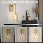 Crystal Brass Hemisphere Wall Sconce - Set of 2 Gold Brushed Dimmable Sconces with Bulbs - Luxury Indoor Lighting Fixture - Modern Hanging Light Decor for Bedroom Living Room Bathroom Vanity Hallway