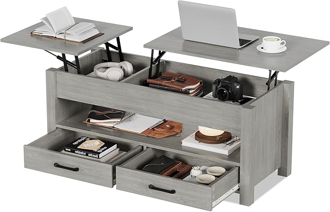 IDEALHOUSE 47.2" Coffee Table with Storage, Multi-Function Lift Top Coffee Table with Wooden Lift Tabletop, 2 Drawers and Hidden Compartment, Central Table for Living Room Home Office, Grey