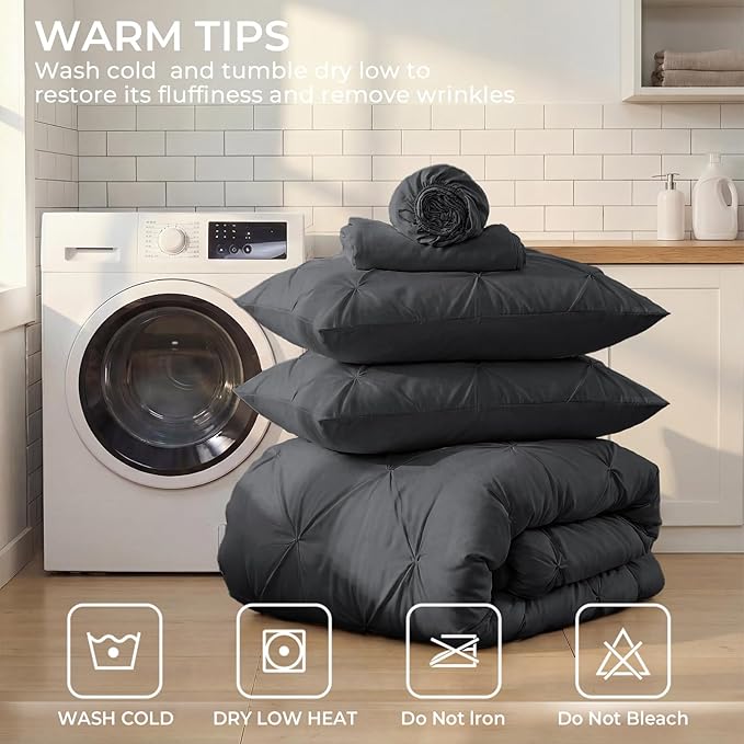 Sasttie Twin Comforter Set, 5-Piece Bed in a Bag, Pintuck Bedding Sets for All Season, Includes Comforter, Flat Sheet, Fitted Sheet, Pillowcase and Pillowsham, Dark Grey