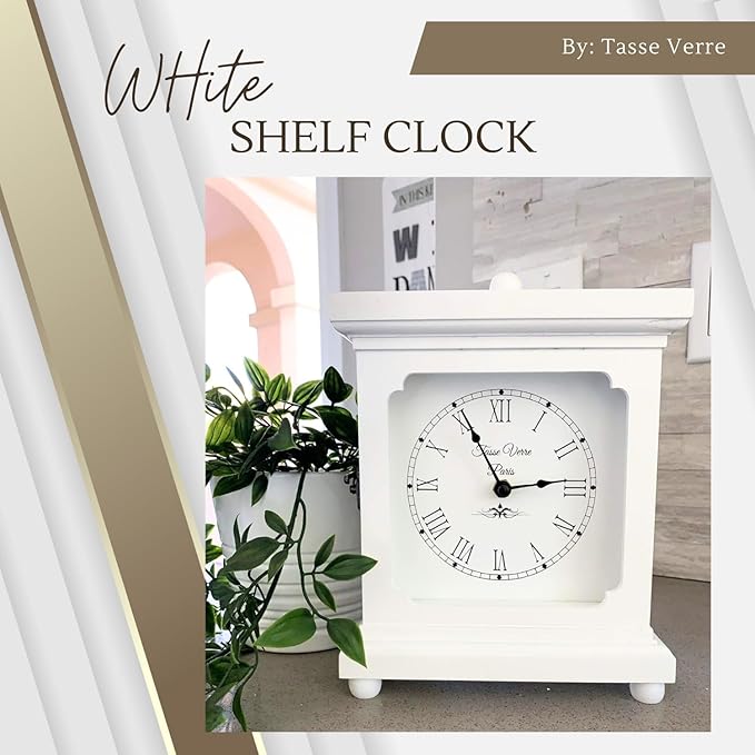 Tasse Verre White Clock for Shelf Table Or Desk 9"x7" - Farmhouse Decor Wood Mechanical Quiet Silent - Office, Bedroom Fireplace Mantel Living Family Room. AA Battery Operated Non-Digital