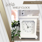 Tasse Verre White Clock for Shelf Table Or Desk 9"x7" - Farmhouse Decor Wood Mechanical Quiet Silent - Office, Bedroom Fireplace Mantel Living Family Room. AA Battery Operated Non-Digital