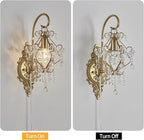 Gold Crystal Vintage Plug in Wall Sconces Set of 2 Indoor Wall Light Fixture, Modern Wall Mount Lamp Light for Bedroom Living Room Bathroom Vanity Light Hallway Light Fixture LED E12