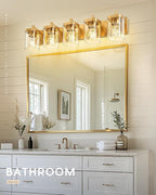 Bathroom Light Fixtures, 30" Brushed Gold Vanity Light, 5-Light Modern Wall Sconces with Square Clear Glass Shade, Vanity Lighting Fixtures Over Mirror, VL194-BG-5
