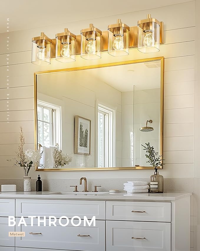 Bathroom Light Fixtures, 30" Brushed Gold Vanity Light, 5-Light Modern Wall Sconces with Square Clear Glass Shade, Vanity Lighting Fixtures Over Mirror, VL194-BG-5