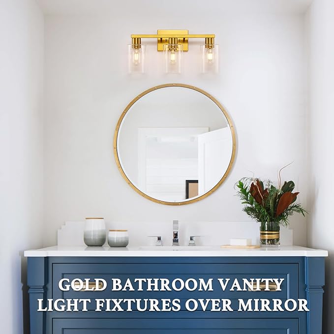 Gold 3-Light Bathroom Vanity Light, Modern Brushed Gold Vanity Lights with Clear Glass Shades, Bathroom Wall Sconce Lamp for Mirror Living Room Bedroom Hallway
