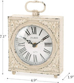 NIKKY HOME Small Table Clock with Handle, Silent Non-Ticking Shelf Desk Top Clock Battery Operated Vintage Rustic Design, Chic Home Decor for Fireplace Mantel, Desktop, Countertop, Distressed White