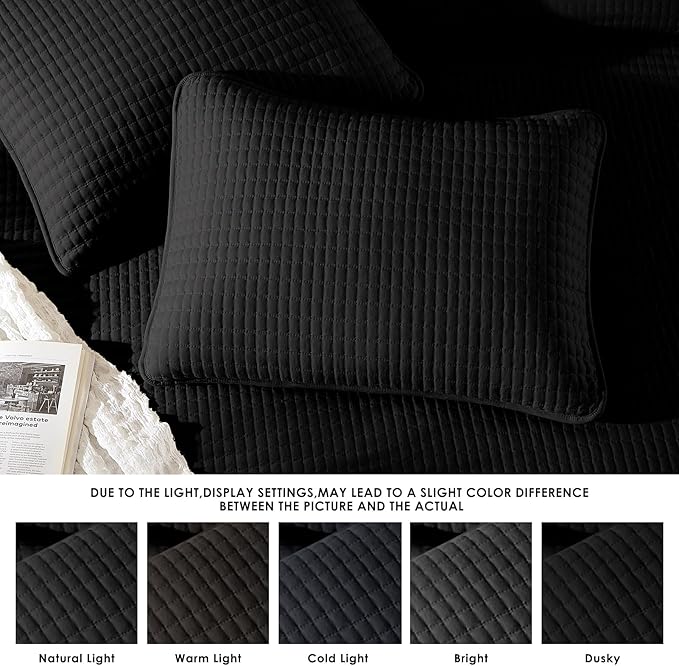 WRENSONGE Queen Quilt-3 Pieces Lightweight Bedspreads Black Queen Size Quilt Bedding Set for All Seasons, Soft Summer Coverlet with 2 Pillow Shams Suitable for Bed, Couch
