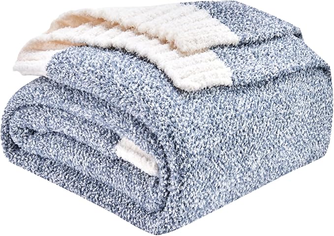 CozeCube Super Soft Fullfy Microfiber Reversible Knitted Blankets, Warm Cozy Fuzzy Plush Throw, Dusty Blue and White Melange Throw Blanket for Couch Bed Sofa, 60" x 80"