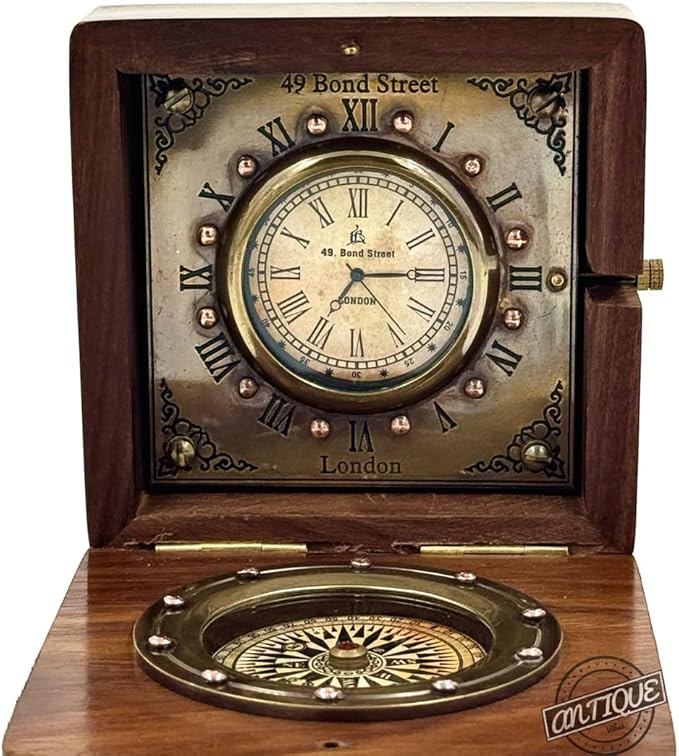 Vintage Wooden Box with Clock and Compass, Shelf Decor, London Style Roman Numeral Display, Steampunk Desk/Mantel Clocks, Wedding, Engagement Gift for Men or Women, for Husband Wife