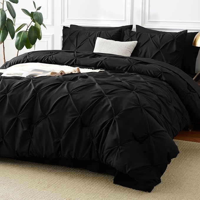 CozyLux Oversized King Comforter Sets Black, 7 Pieces Oversized King Pintuck Bed in A Bag, Pinch Pleat Bedding Sets with All Season Comforter, Flat Sheet, Fitted Sheet, Pillowcases & Shams