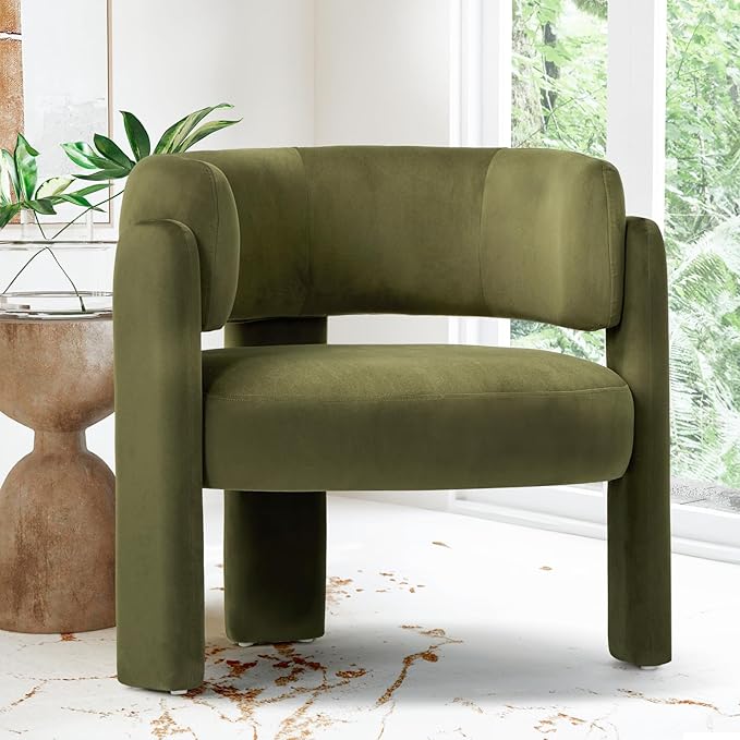 COLAMY Modern Velvet Accent Chair, Upholstered Barrel Chair, Comfy Side Arm Chair with 3 Legs for Living Room, Bedroom, Reading, Green