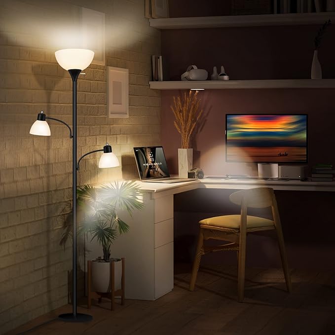 Luvkczc Floor Lamps for Living Room, 72" Tall Torchiere Floor Lamp with 8W Adjustable Reading Lights, Industrial Lamps for Living Room, Bedroom, Office, Black Tree Floor Lamp【3 Bulbs Included】