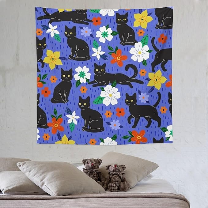 VUMIVI Black Cat Floral Tapestry Red White Hand-Painted Flowers Cute Animals Kids' Doodles Tapestry Wall Hanging for Living Room Bedroom Dorm Classroom Aesthetic Decor W60xL60in