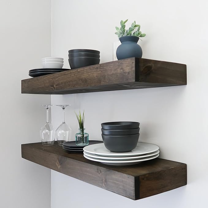 Urbandi Modern Floating Shelves 3 Inches Thick for Wall, Wide Shelves for Kitchen, Living Room, Bedroom, and Bathroom, Natural Pine Wood, Rustic Wooden Shelf, (Set of 2) (Jacobean, 48Lx3Hx8D)