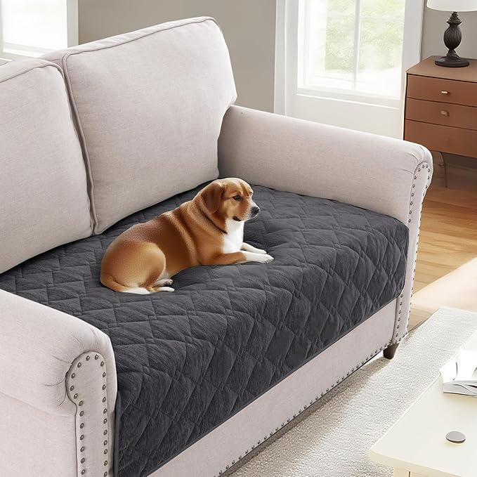 H.VERSAILTEX Couch Cover Chenille Pet Fuzzy Sofa Covers for 2 Cushion Couch Anti Slip Washable Sofa Slipcovers with Strap Soft Couch Protector Cover for Dogs Cats Kids(36" x 63", Grey)