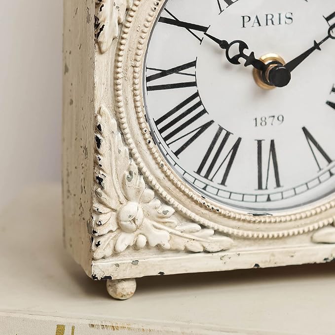 NIKKY HOME Small Table Clock with Handle, Silent Non-Ticking Shelf Desk Top Clock Battery Operated Vintage Rustic Design, Chic Home Decor for Fireplace Mantel, Desktop, Countertop, Distressed White