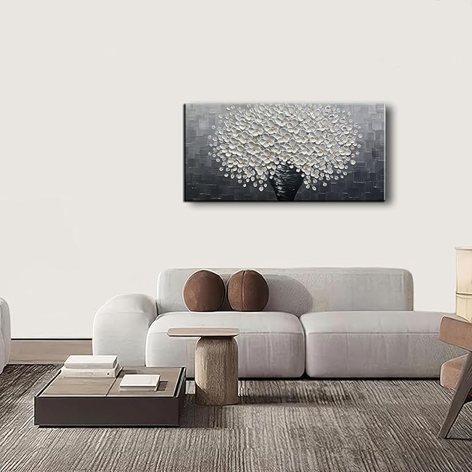 YaSheng Art - White Flower Oil Painting on Canvas 3D Thick Texture Black and White Floral Vase Canvas Wall Art Modern Abstract Art Home Bedroom, Dining Room, Living Room, Office Wall Decor 24x48inch