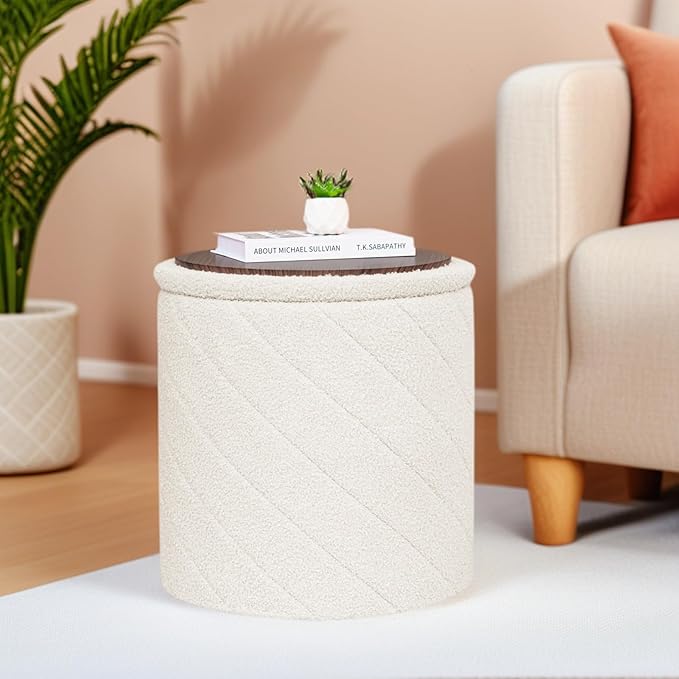 17" Foldable Boucle Round Storage Ottoman,Space-Saving Footrest/Seating/Coffee Table for Small Apartments,Dorms & Bedrooms-White