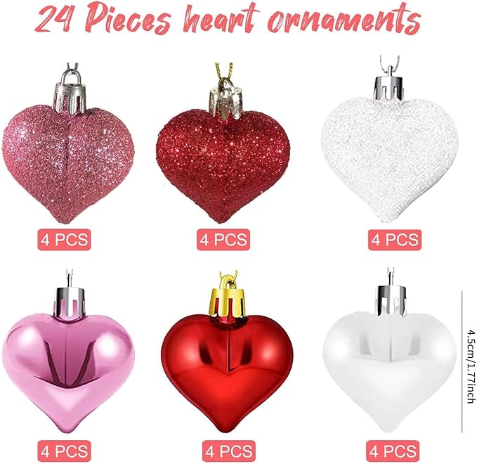 Valentine's Day Heart Ornaments for Tree - Valentine Ornaments Valentines Tree Decorations - Glitter Rose Gold Red White - Mini 24 Pcs