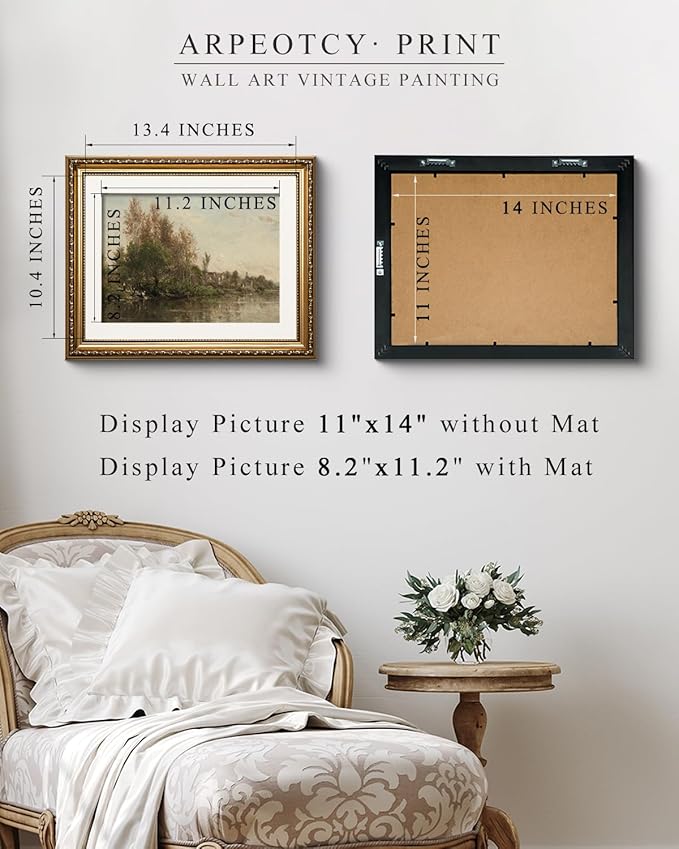 ARPEOTCY Vintage Gold Framed Wall Art Decor, 13x16 inch River Banks Landscape Paintings, Classic Vintage Room Decor, Canvas Prints Antique Frame Home Wall Art for Living Room Bedroom