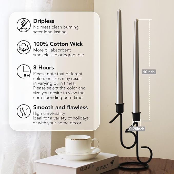 New Burning Formula Unscented Dripless 10-Inch Taper Candles Set of 12 - Silver, for Wedding, Dinner - Smokeless, Long Burning - Hand Poured, Colored Tall Candlesticks - Plata