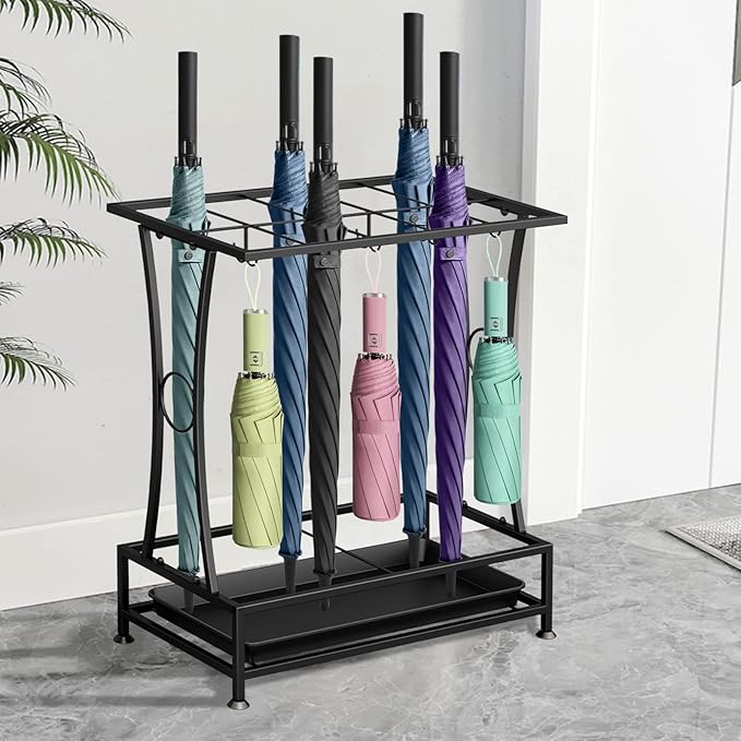 Metal Umbrella Holder Stand with Removable Drip Tray, Industrial Free Standing Umbrella Rack Organizer for Entryway Home Office Patio Decor(10 Slots 8 Hooks, Black)
