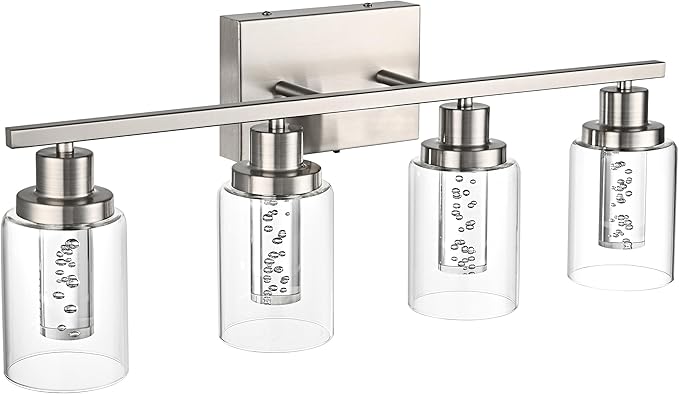 MELUCEE 4-Light LED Bathroom Lighting Fixtures Brushed Nickel, Dimmable LED Vanity Light for Bathroom 3000K-6000K Bathroom Wall Lights with Crystal Bubble Clear Glass Shade, Built-in LED Chips