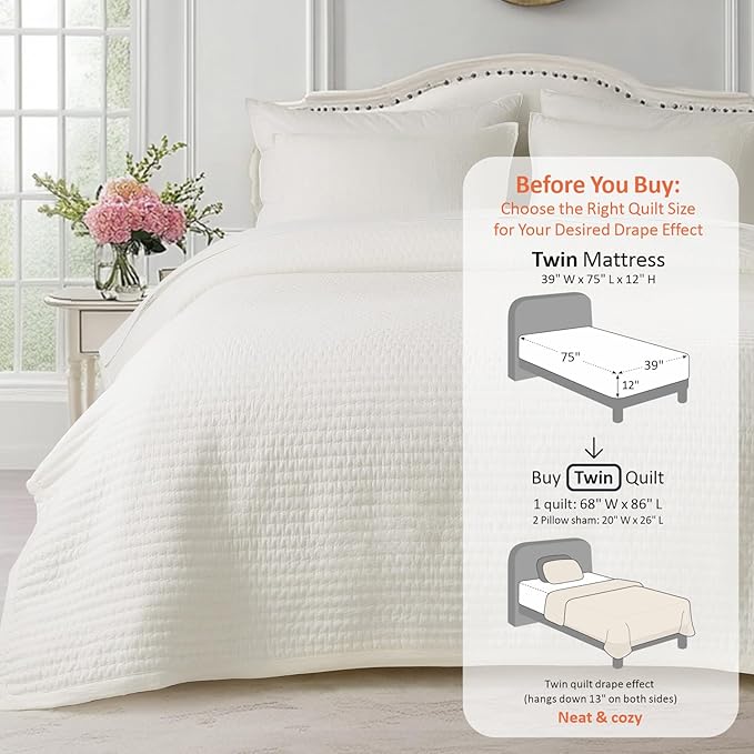 KASENTEX Twin Quilt Set 68"x86" – Soft Washed 3-Layer Lightweight Bedspread, Minimalist Nordic Design, All-Season Spring & Summer Quilt Set (1 Quilt + 2 Pillow Shams),Cream White