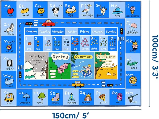 Booooom Jackson ABC Rug Kids Rug Educational Rugs Non-Slip Kids Carpet with Alphabet, Number Mat for Children, Baby, Toddler Play, 4'11'' x 3'3''