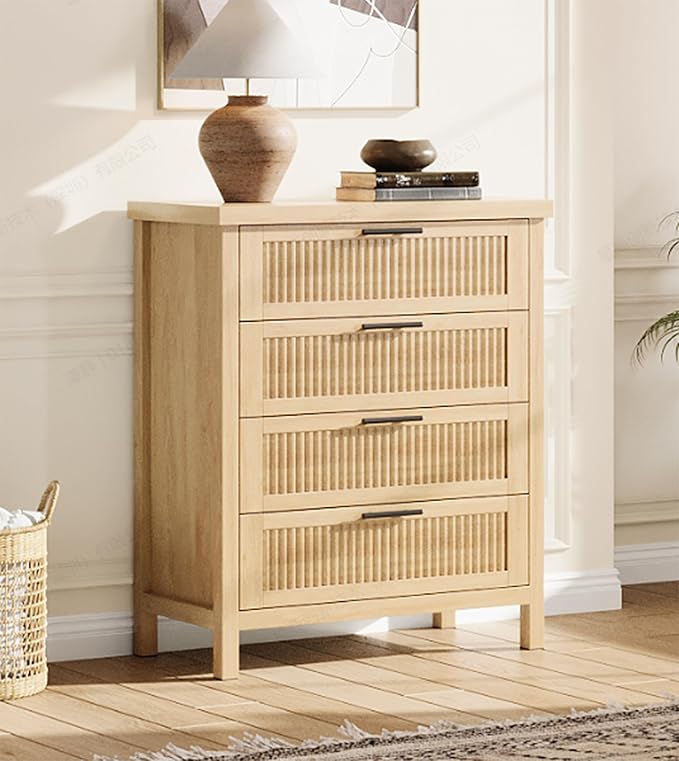 IDEALHOUSE Fluted 4 Drawers Dresser for Bedroom, 35.4" Tall Chest of Dressers for Closet, 4 Fluted Drawers with Metal Handle, Clothes Storage Cabinet for Bedroom, Nursery, Living Room, Natural Oak