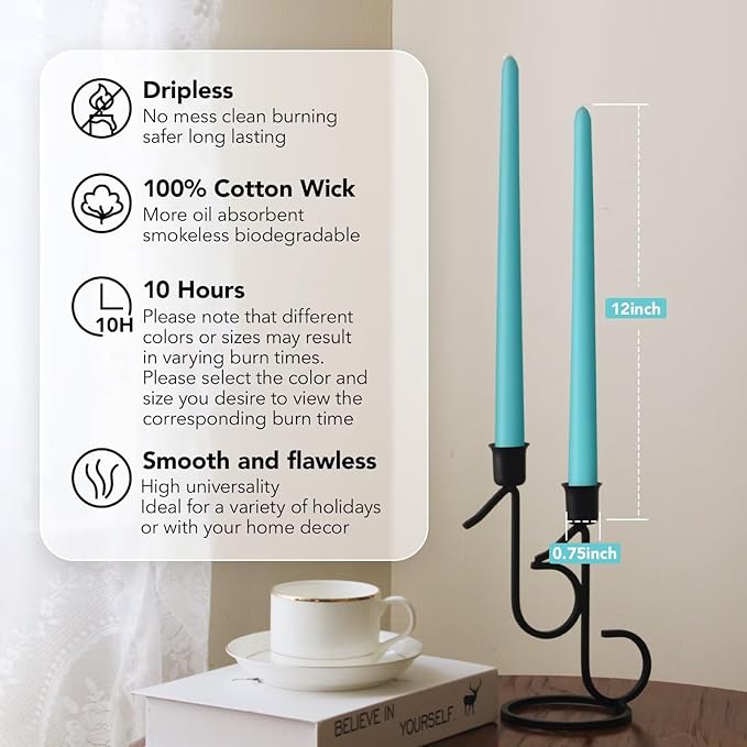 New Burning Formula Unscented Dripless 12-Inch Taper Candles Set of 12 - Turquoise, for Wedding, Dinner - Smokeless, Long Burning - Hand Poured, Colored Tall Candlesticks - Turquesa