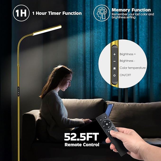 Dimunt LED Floor Lamp, Bright 15W Floor Lamps for Living Room with 1H Timer, Stepless Adjustable 3000K-6000K Colors & Brightness Standing Lamp with Remote & Touch Control Reading Floor Lamps-Golden