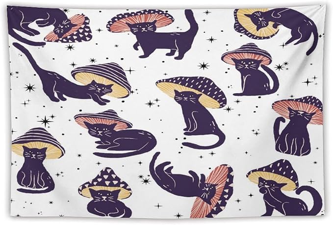 VUMIVI Funny Cat Mushroom Tapestry Retro 70s Hippie Style Cute Black Kitten Star Aesthetic Art Print Tapestry Wall Hanging for Living Room Bedroom Dorm Classroom Aesthetic Decor W60xL40in