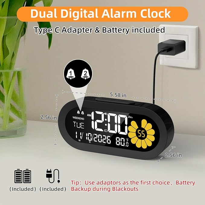 DOOMAY Digital Alarm Clock for Bedroom: Dual Alarm Bedside Clock VA LCD Display with Seconds, 9-Minute Snooze and Weekend Mode, 3 Brightness, 4 Alarms and 3 Volume Levels，Type C & Battery Included