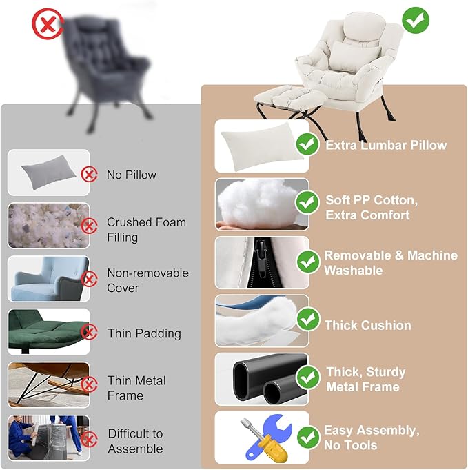 Lazy Chair with Ottoman, Modern Accent Chair with Lumbar Pillow, Beige Sofa, Lounge Chairs with Folding Footrest, Oversized Supportive Chairs for Bedroom, Reading