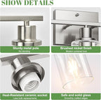 3-Light Bathroom Light Fixtures, Vanity Light with Clear Glass Shades, Brushed Nickel Bathroom Light Fixtures Over Mirror, Modern Bathroom Wall Lamp for Mirror Living Room Cabinet Bedroom
