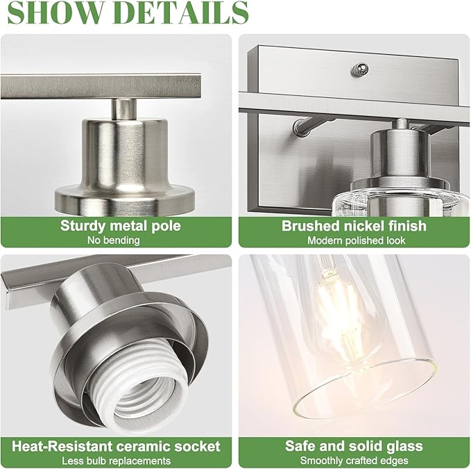 3-Light Bathroom Light Fixtures, Vanity Light with Clear Glass Shades, Brushed Nickel Bathroom Light Fixtures Over Mirror, Modern Bathroom Wall Lamp for Mirror Living Room Cabinet Bedroom