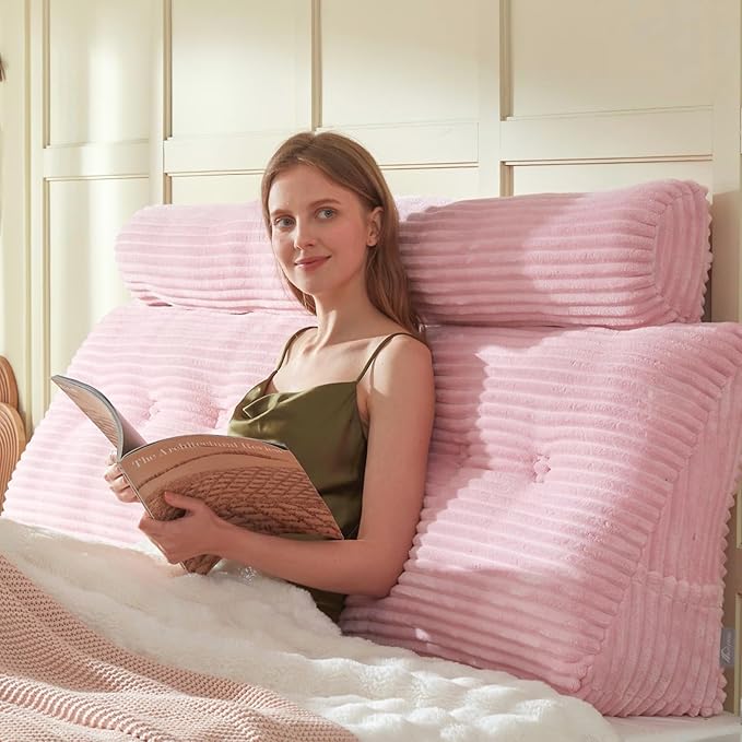 Headboard Wedge Pillow + A Long Neck Roll Pillow Body Pillow，Large Headboard Pillow with Removable Cover (Pink, King：76x8x20 inches)