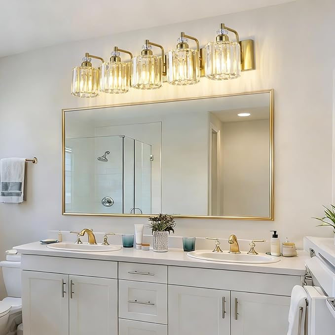 5-Light Modern Vanity Lights Brushed Brass Bathroom Light Fixtures Over Mirror Gold Bathroom Vanity Lighting with Crystal Shade E26 Base Wall Sconce for Bedroom Living Room Restroom Wall Lamp
