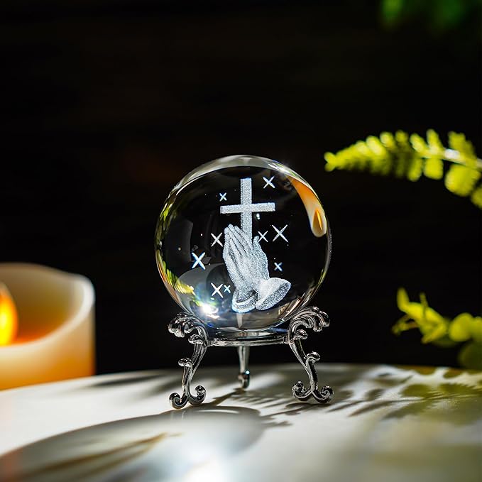 60mm 3D Laser Engraved Hand Holding A Cross Crystal Ball Figurine with Stand Christian Collectible Decoration for Home Office Praying Religious Gifts for Women