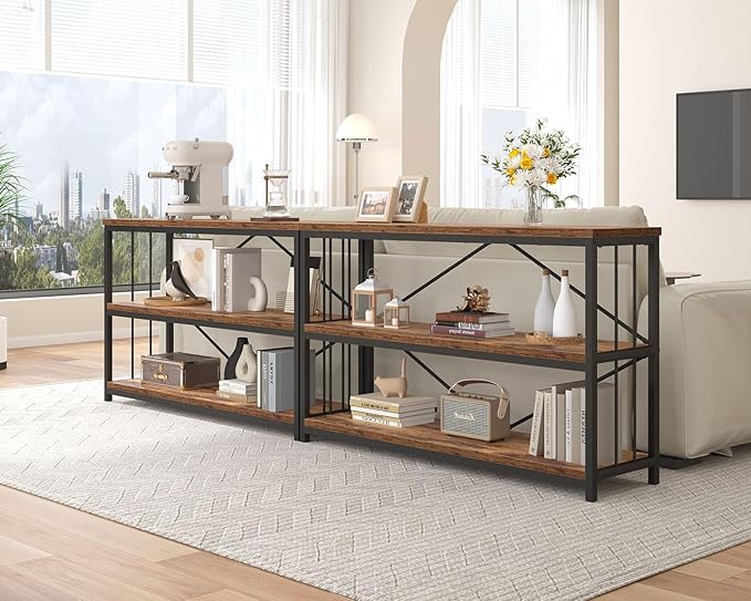IBF Farmhouse Low 3 Tier Bookshelf, Industrial Rustic Horizontal Wood Bookcase, Modern Wide Open Metal Etagere with Storage, Vintage Book Shelf for Office Bedroom Living Room, Rustic Brown, 47 Inch