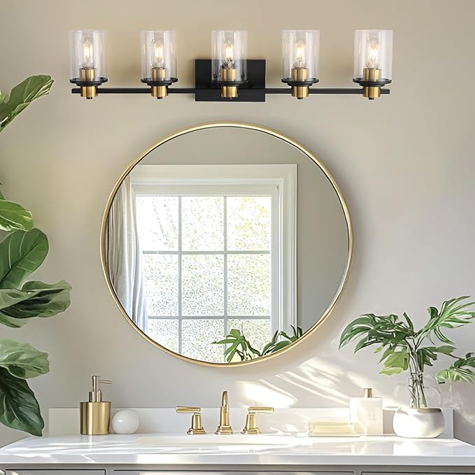 LOUSACE 5 Light Bathroom Vanity Light Black and Gold Bathroom Lighting Fixtures Over Mirror with Clear Glass, Brushed Gold Socket Wall Vanity Lighting Fixtures for Bedroom Living Room