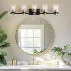 LOUSACE 5 Light Bathroom Vanity Light Black and Gold Bathroom Lighting Fixtures Over Mirror with Clear Glass, Brushed Gold Socket Wall Vanity Lighting Fixtures for Bedroom Living Room