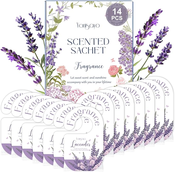 14 PCS Lavender Sachets Bags for Drawers and Closets, Long Lasting Scented Sachets Air Fresheners, Natural Odor Eliminator, Home Fragrance for Wardrobe, Shoe Cabinet, Car & Bathroom Potpourri Bag