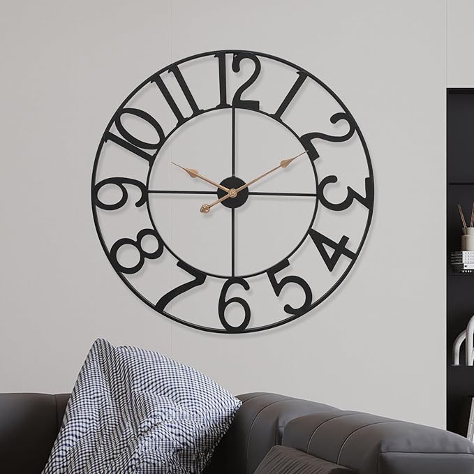 Modern Industrial Wall Clock with Cutout Metal Numerals, Grey and Gold Vintage Luxury Design for Living Room and Office Decor, 24 Inch