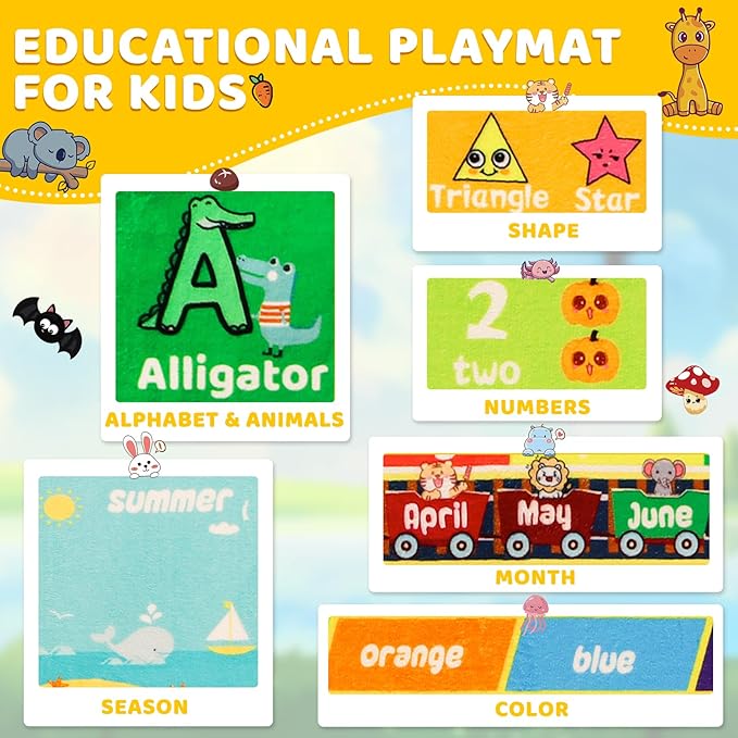 ABC Kids Rug for Playroom 78.7" × 118" Baby Play Mat Alphabet Rug Animal Number Shape Classroom Rug Kids Playroom Rug Early Learning Carpet for Educational Learning & Game Area Preschool
