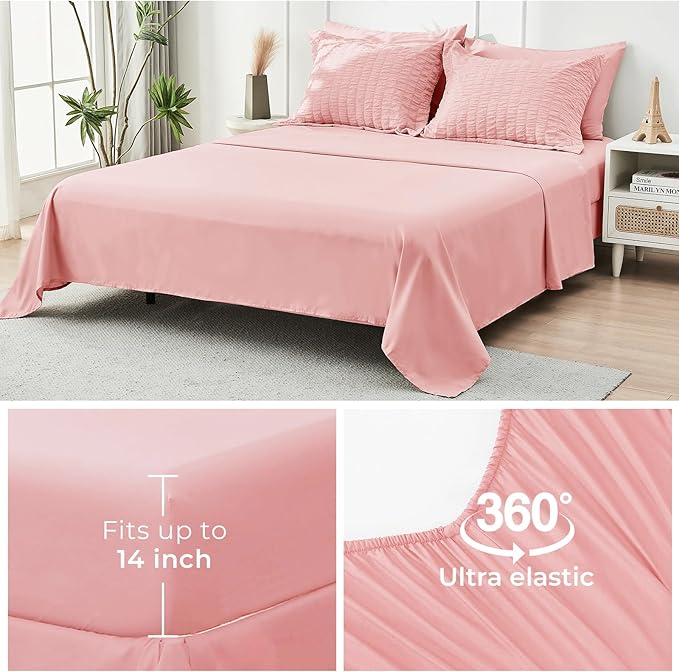 HYMOKEGE Rose Pink Full Size Comforter Sets Seersucker 7 Pieces, All Season Luxury Bed in a Bag for Bedroom, Bedding Set with Comforter, Sheets, Pillowcases & Shams