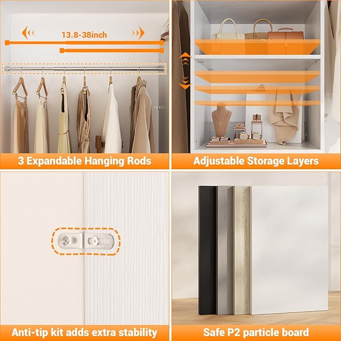 Homieasy 96 Inches Closet Organizer System, 8FT Customizable Walk In Closet Organizer with Hanging Rods, 3 Drawers Garment Rack with Leather Handle , 96" L x 16" W x 75" H, Max Load 1000 LBS, White